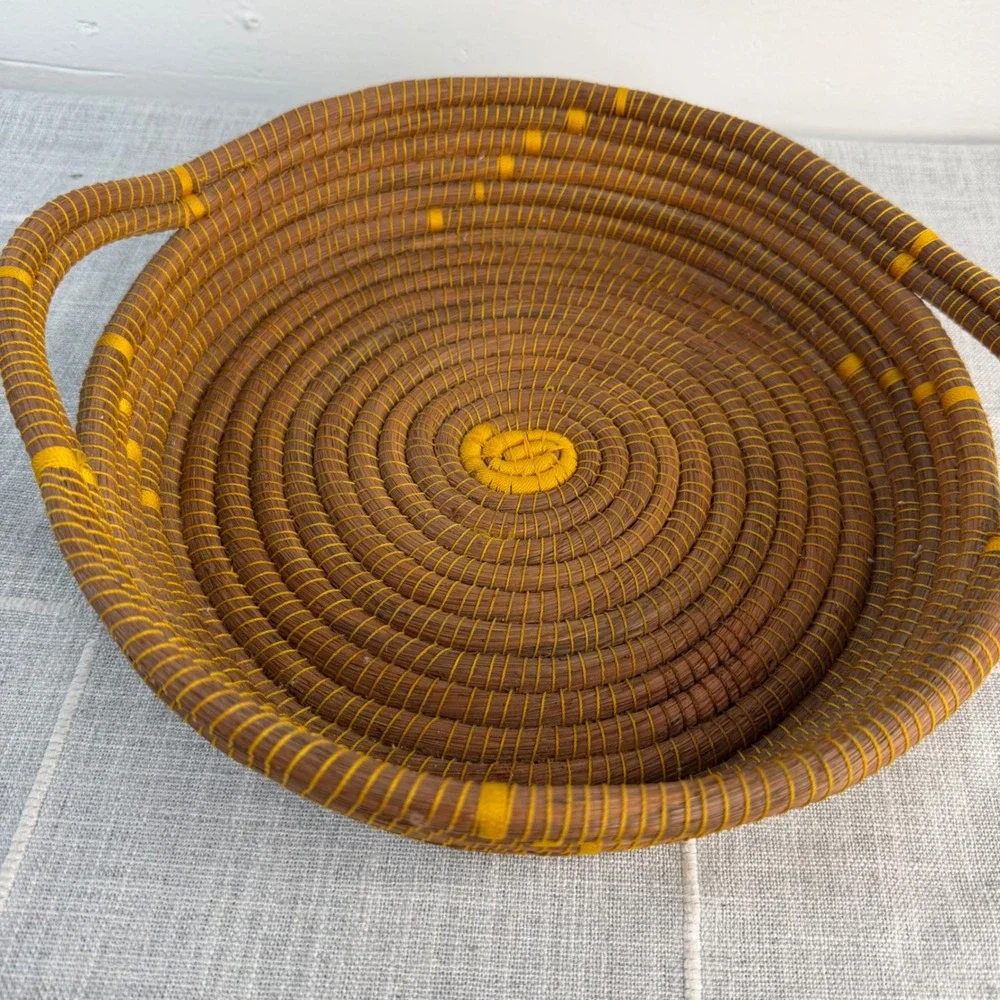 Pine Needle Woven Basket Yellow‎ Brown Cottagecore Round Basket 2 Handles 11